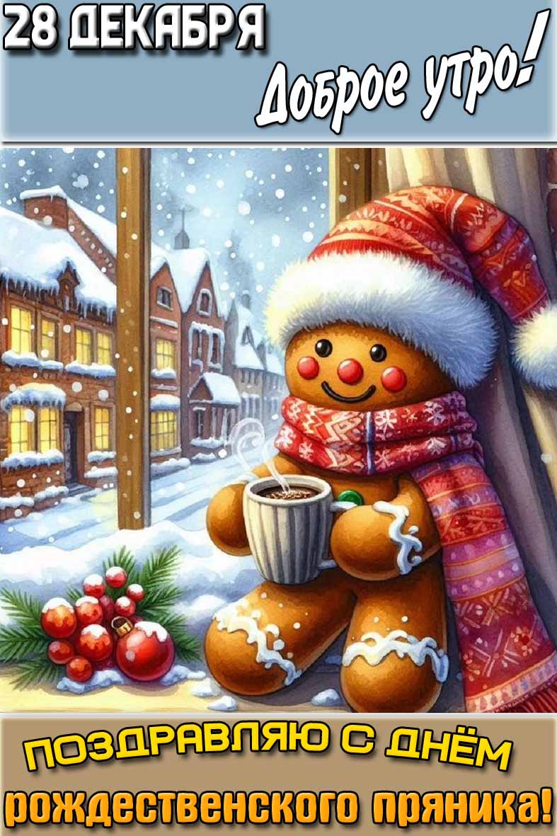 Красивая зимняя картинка с имбирным человечком с кофе и надписью : "28 декабря доброе утро! Поздравляю с днём рождественского пряника!". Картинка "28 декабря доброе утро! Поздравляю с днём рождественского пряника!"