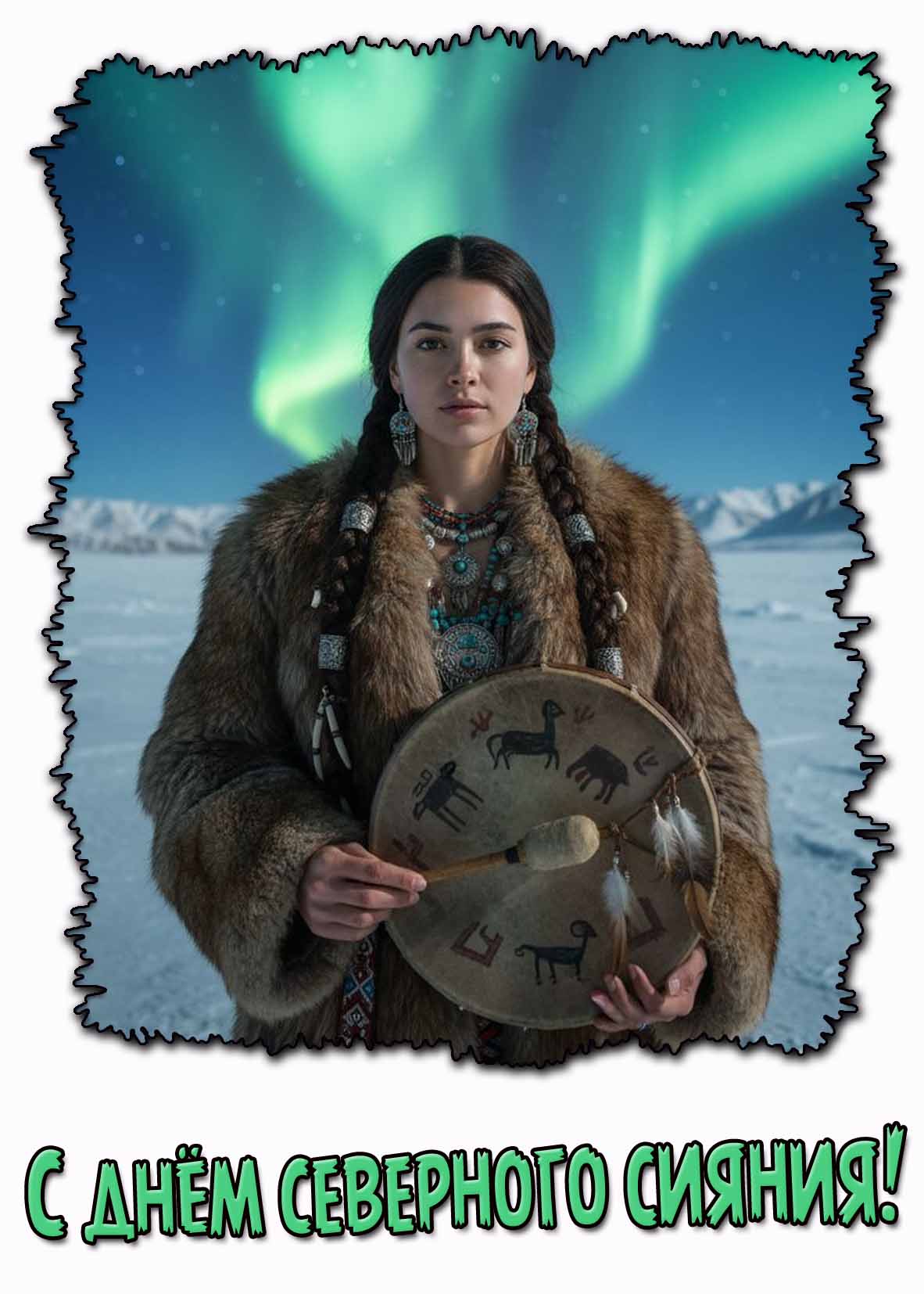 Открытка с девушкой на день северного сияния