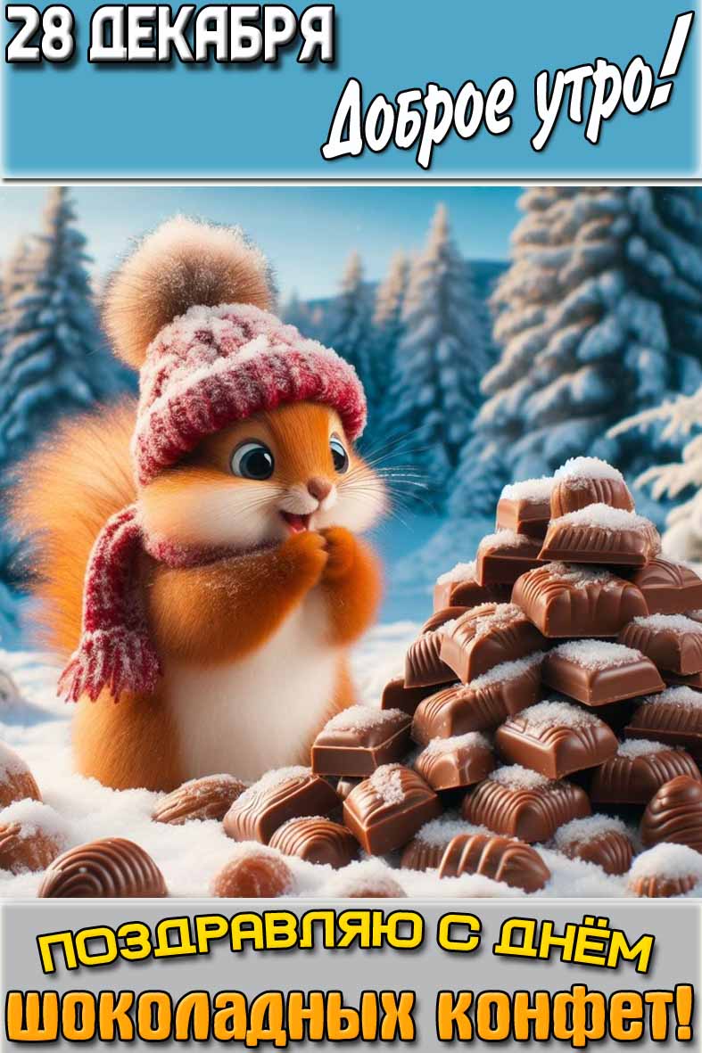 Прикольная зимняя картинка с белочкой и горой сладостей и надписью : "28 декабря доброе утро! Поздравляю с днём шоколадных конфет!". Картинка "28 декабря доброе утро! Поздравляю с днём шоколадных конфет!"