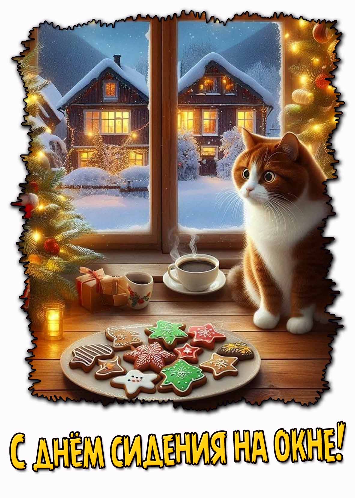 Прикольная открытка с днём сидения на окне