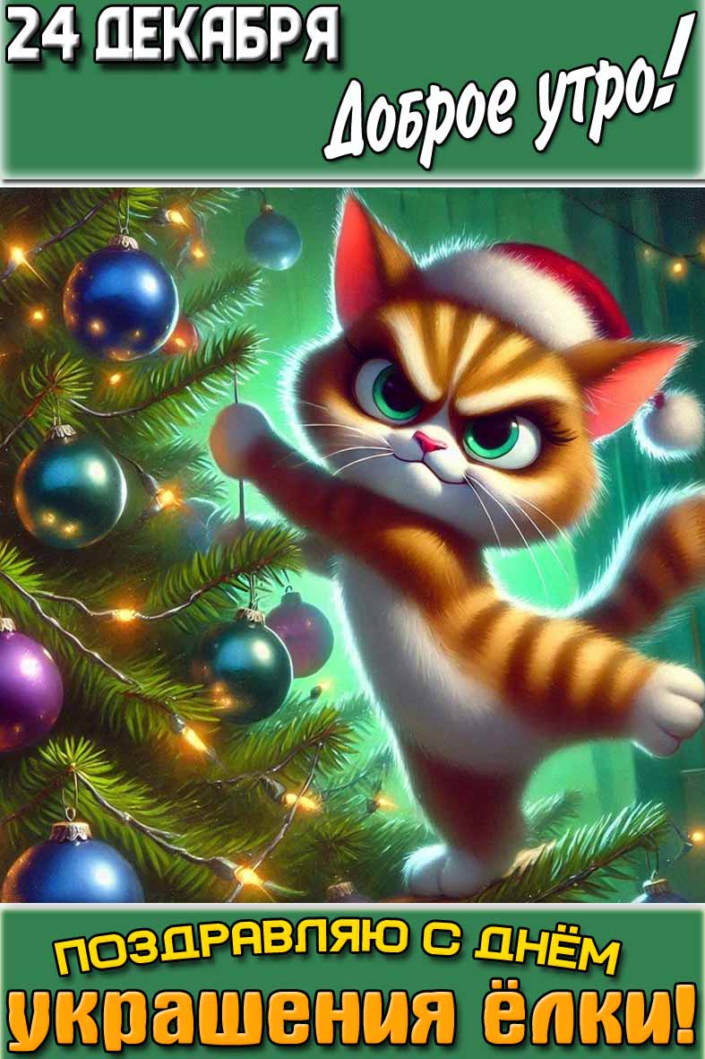 Открытка "24 декабря доброе утро! Поздравляю с днём украшения ёлки!"