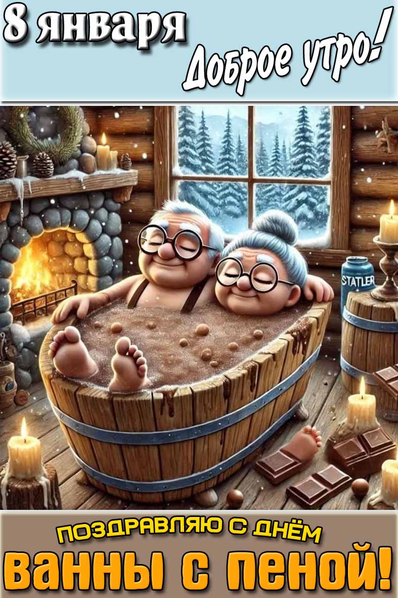 Смешная зимняя картинка с пенсионерами чилящами в шоколадной пенке и надписью : "8 января доброе утро! Поздравляю с днём ванны с пеной!". Смешная картинка "8 января доброе утро! Поздравляю с днём ванны с пеной!"