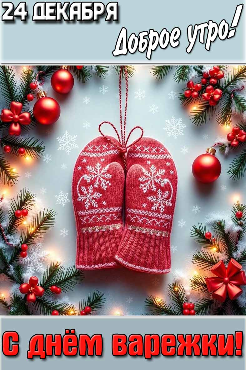 Открытка "24 декабря доброе утро! С днём Варежки!"