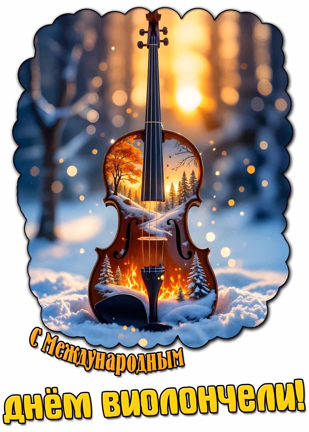 Красивая зимняя открытка с Международным днём виолончели