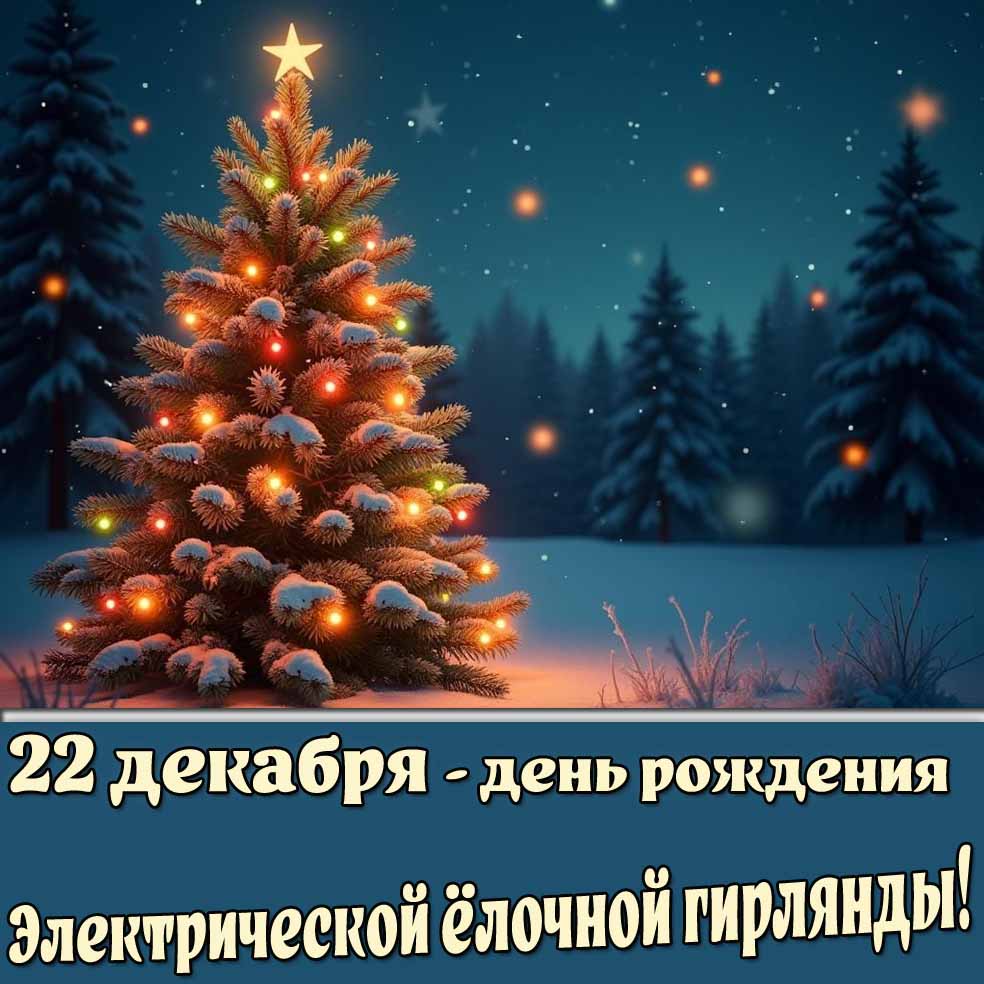 Картинка 22 декабря - день рождения электрической ёлочной гирлянды!