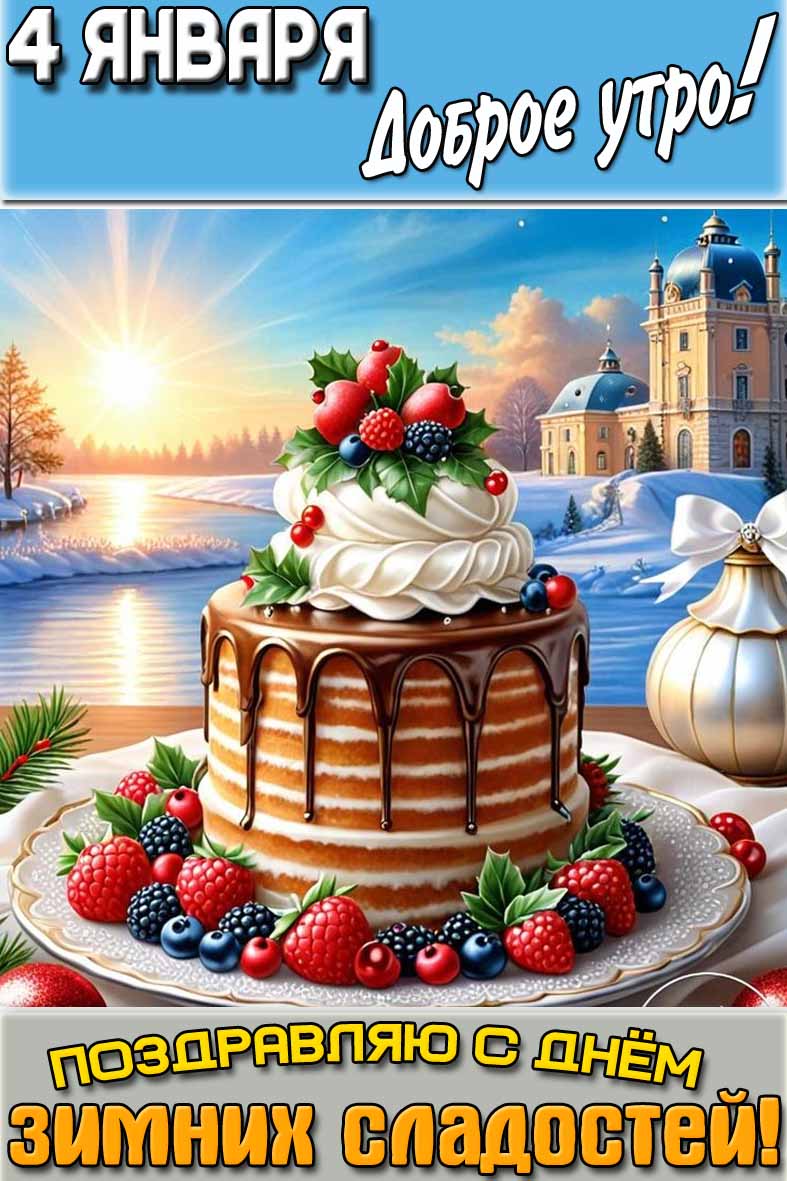 Открытка "4 января доброе утро! Поздравляю с днём зимних сладостей!"