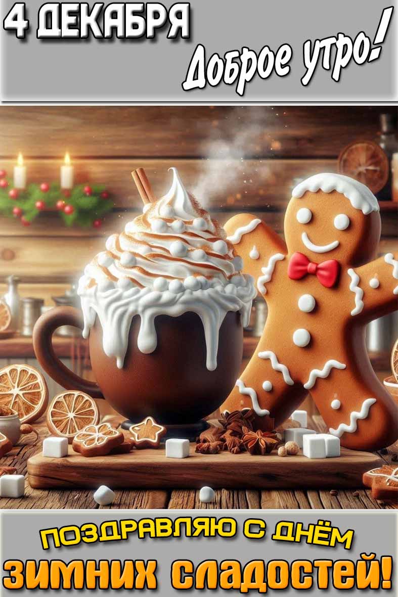 Открытка "4 декабря доброе утро! Поздравляю с днём зимних сладостей!"