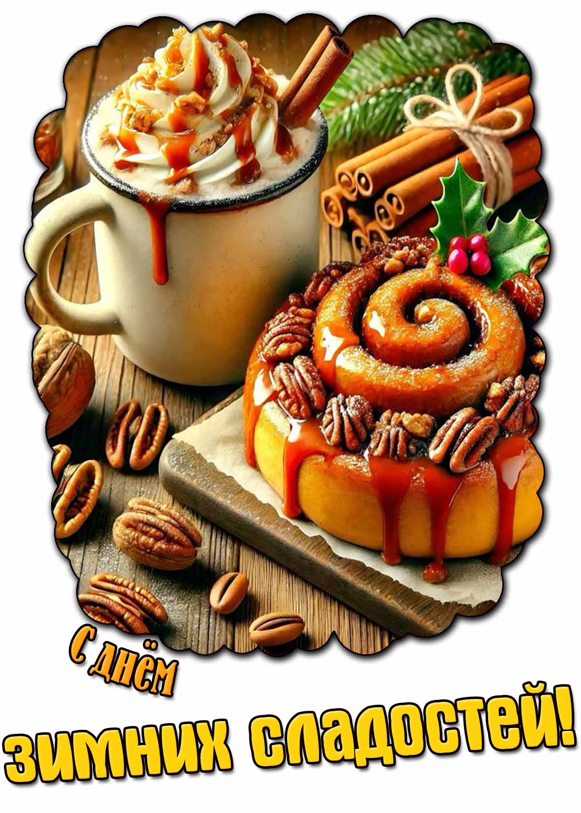 С днём зимних сладостей! - открытка с булочкой