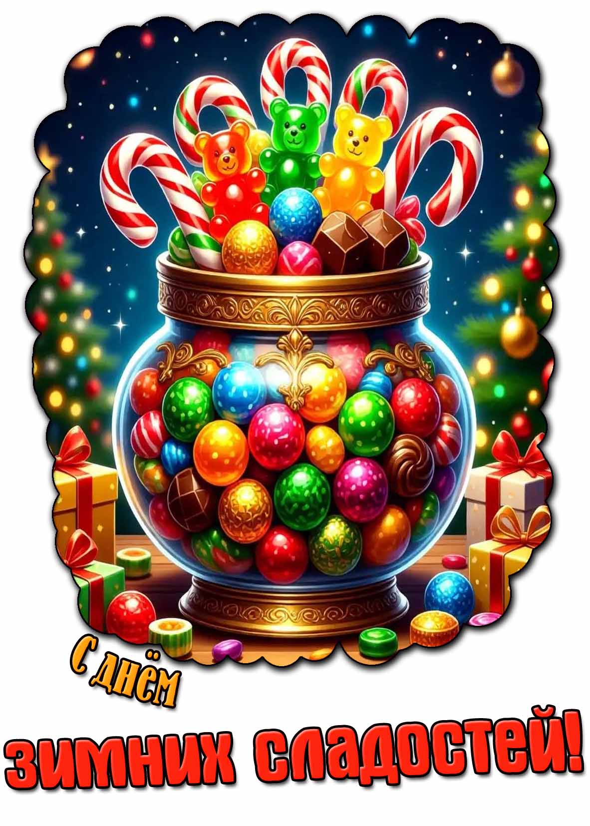 Открытка с конфетами на день зимних сладостей