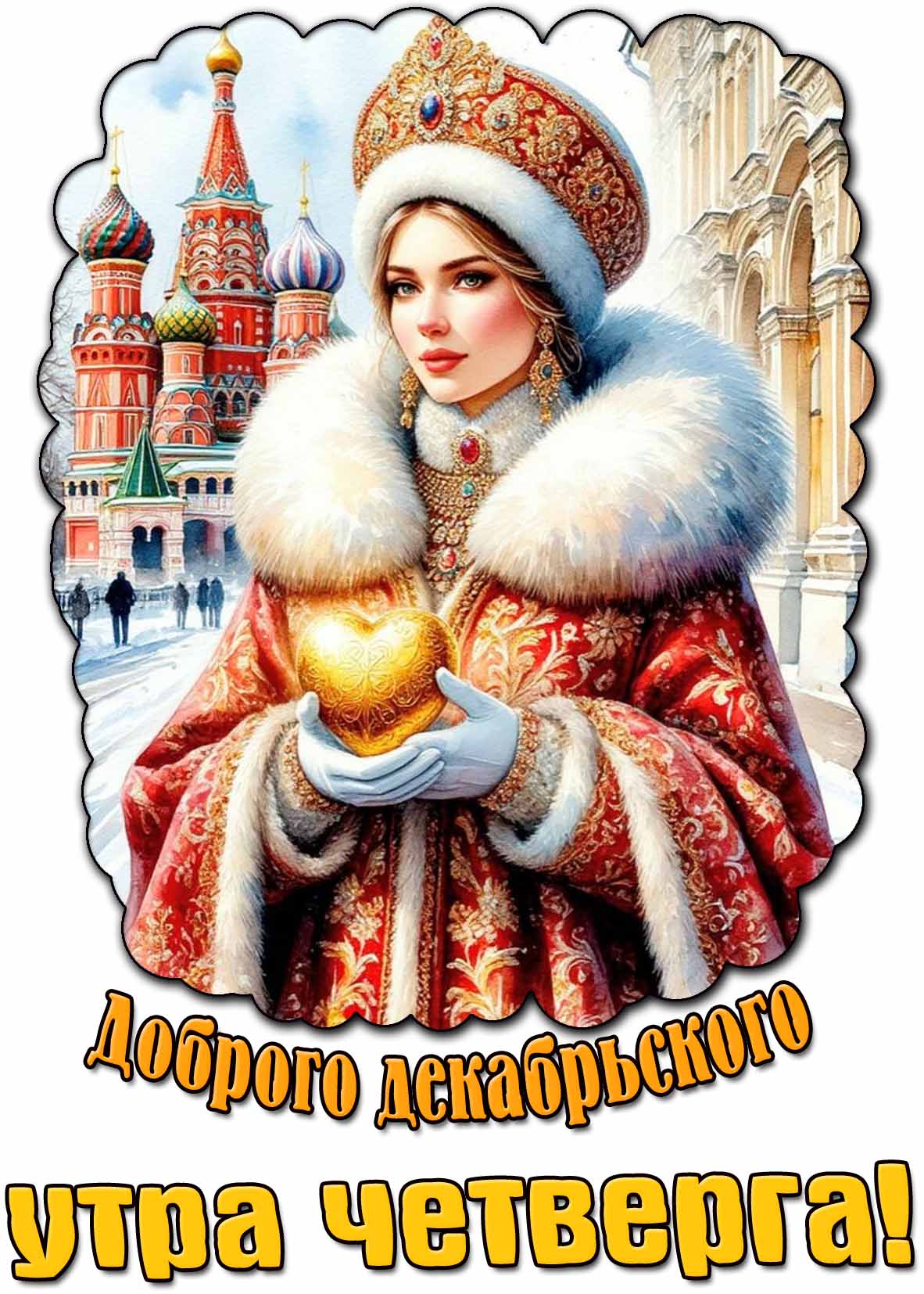 Открытка с красивой девушкой в расписной шубе на фоне храма Василия Блаженного для пожелания доброго декабрьского утра четверга! Красивая открытка доброго декабрьского утра четверга