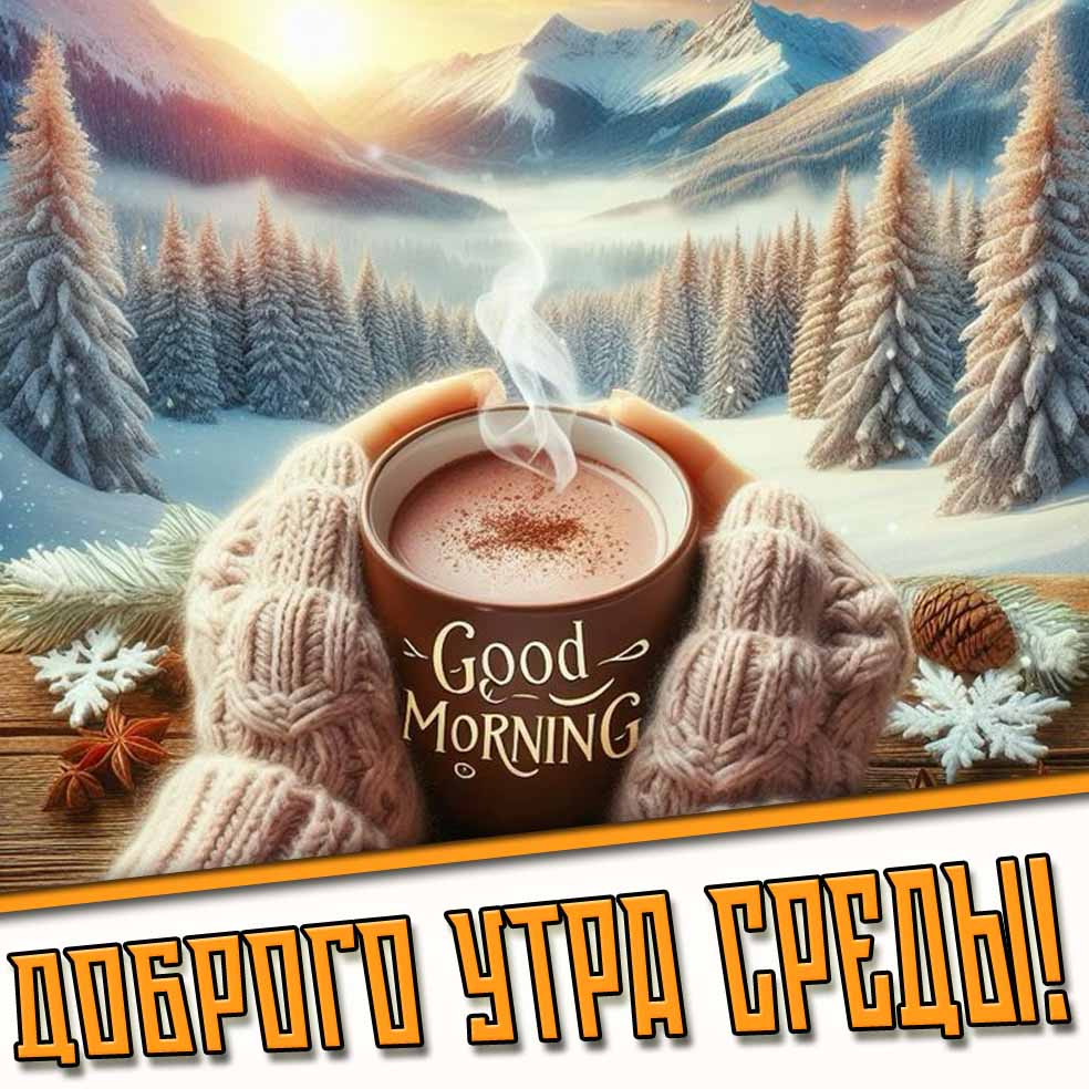 Доброго утра среды! - зимняя открытка с кофе