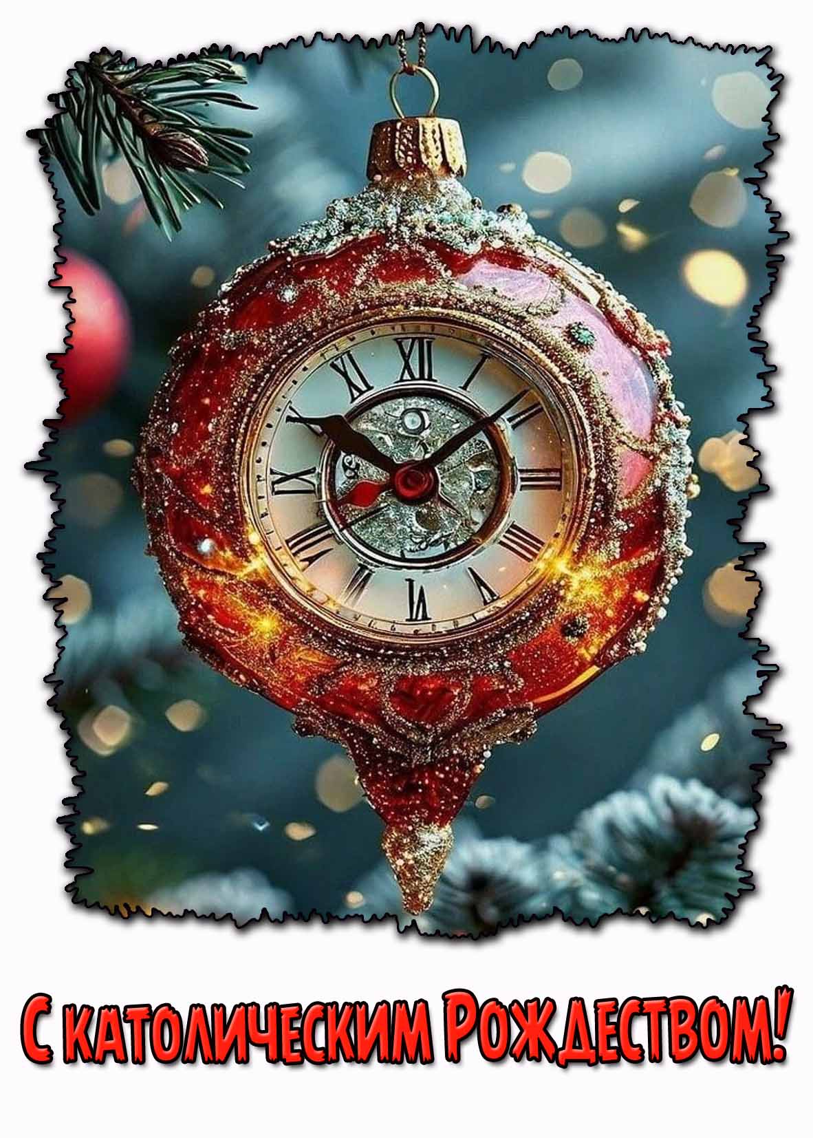С католическим Рождеством! - открытка с часами