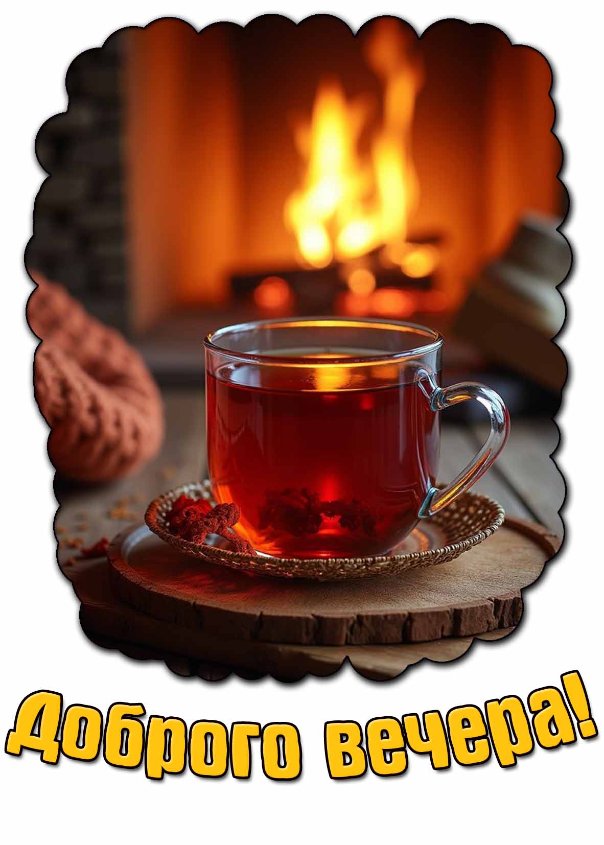 Доброго вечера! - открытка с чаем у камина