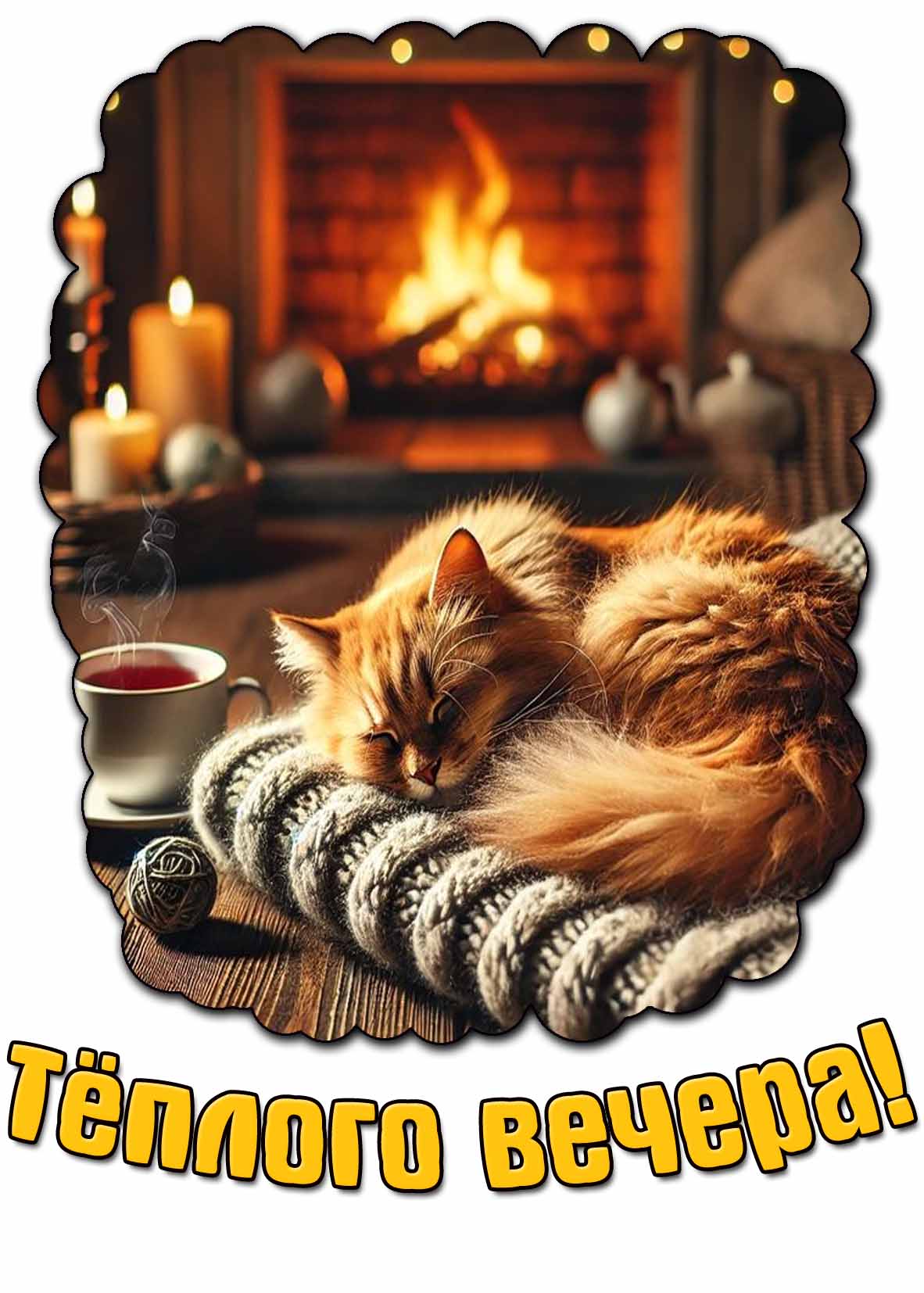 Тёплого вечера! - красивая открытка с котом у камина