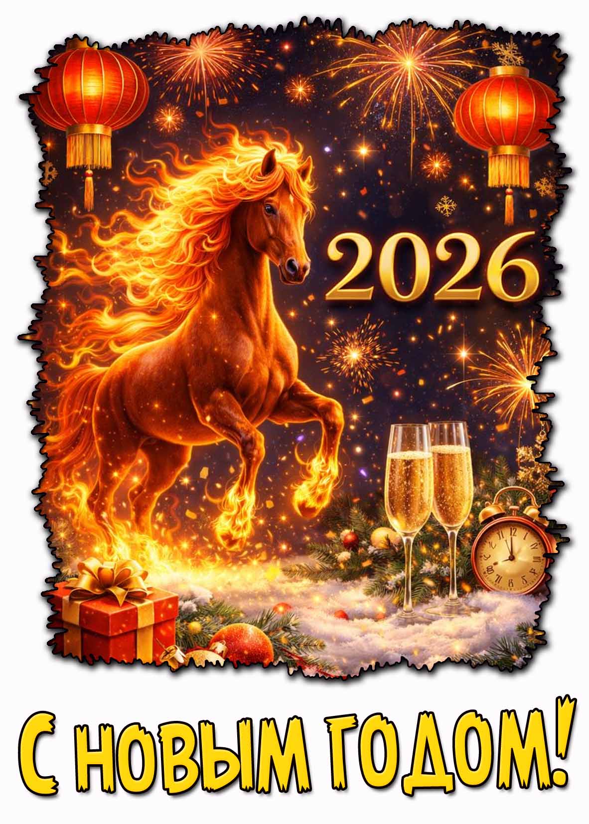 Красива открытка с лошадью на новый 2026 год