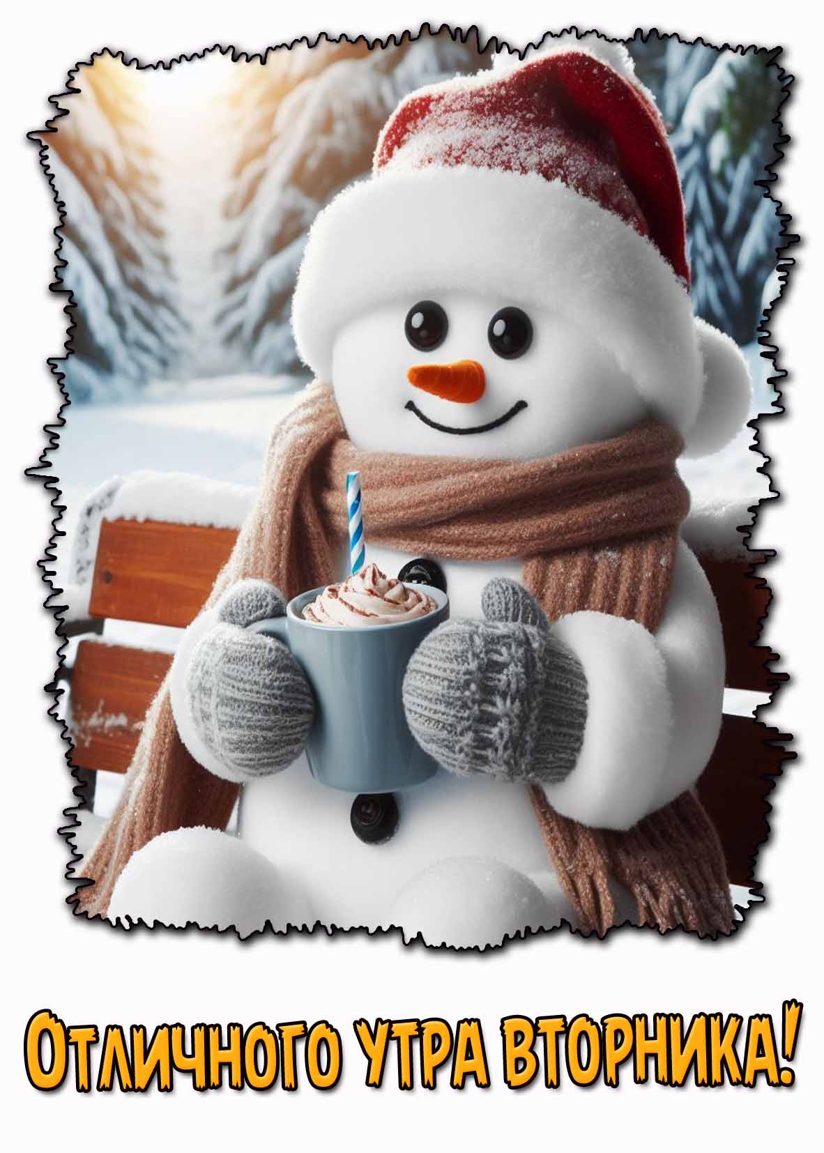 Отличного утра вторника! - открытка со снеговиком