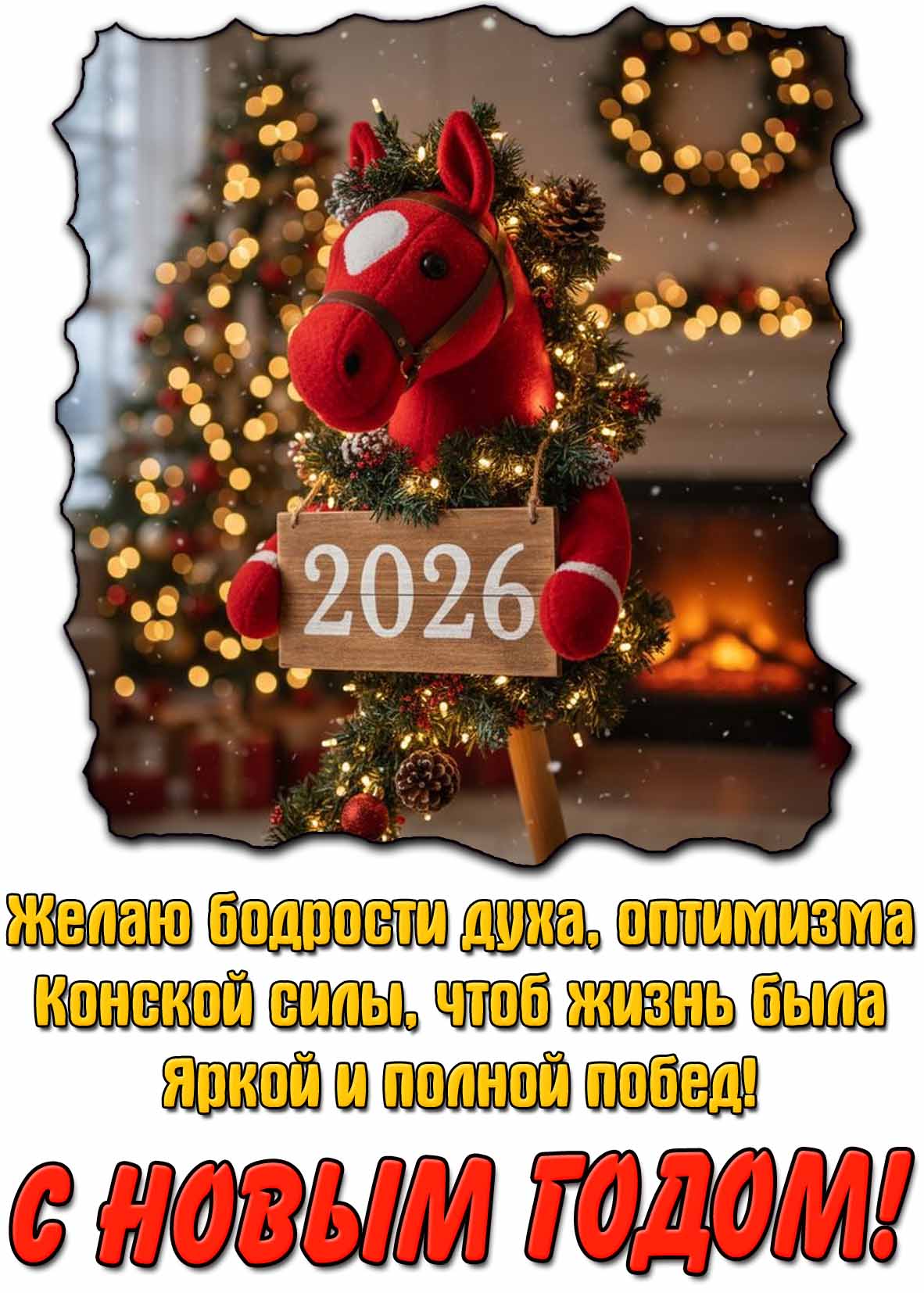 Открытка с Новым годом лошади 2026 с пожеланиями
