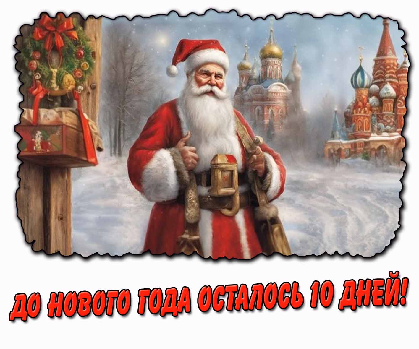 Красивая зимняя открытка открытка с Дедом Морозом на фоне храма Василия Блаженного и надписью до Нового года осталось 10 дней! Открытка до Нового года осталось 10 дней