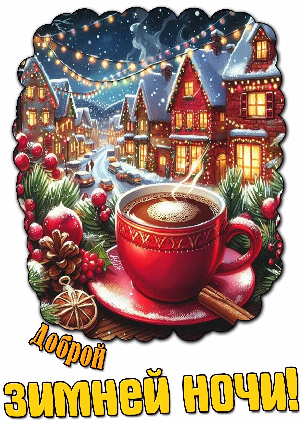 Доброй зимней ночи! - красивая открытка с кофе