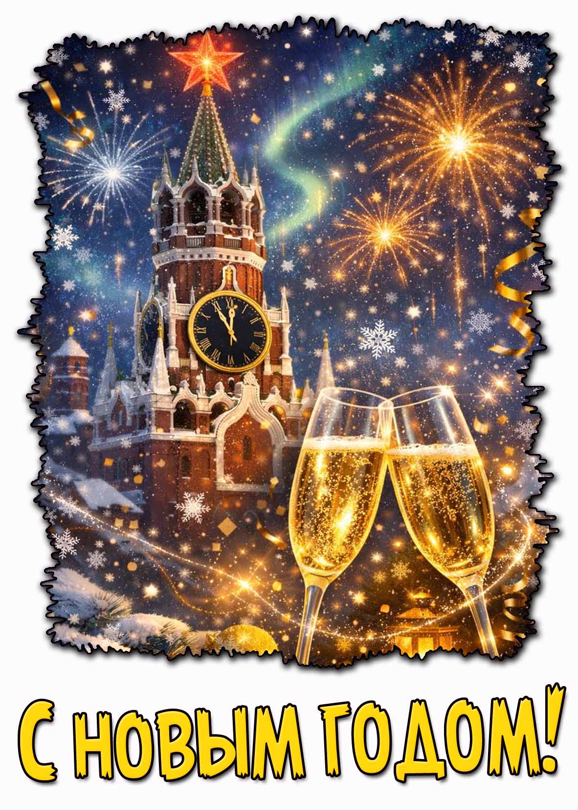 С новым годом! - открытка с шампанским и курантами