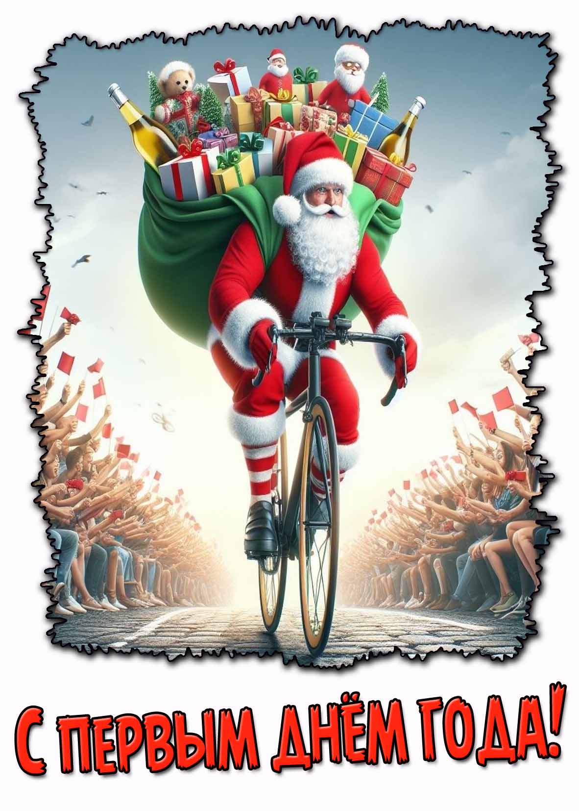С первым днём года! - прикольная открытка с Санта Клаусом
