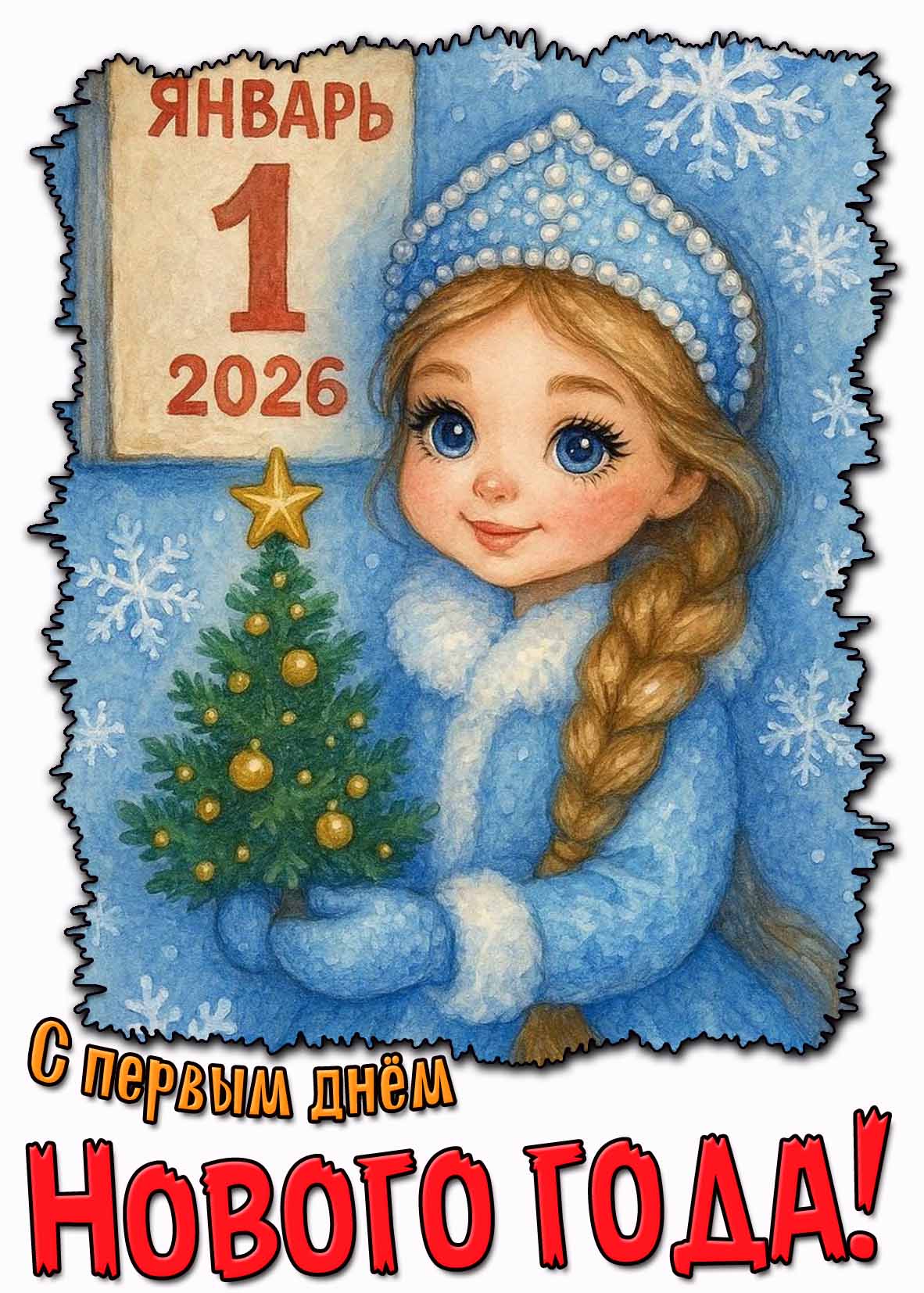 С первым днём Нового 2026 года! - открытка на 1 января