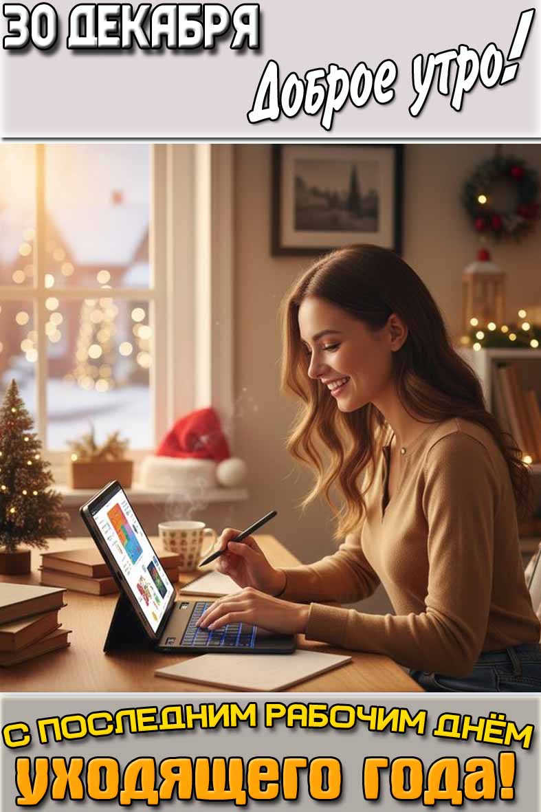 Открытка "30 декабря доброе утро! С последним рабочим днём уходящего года!"