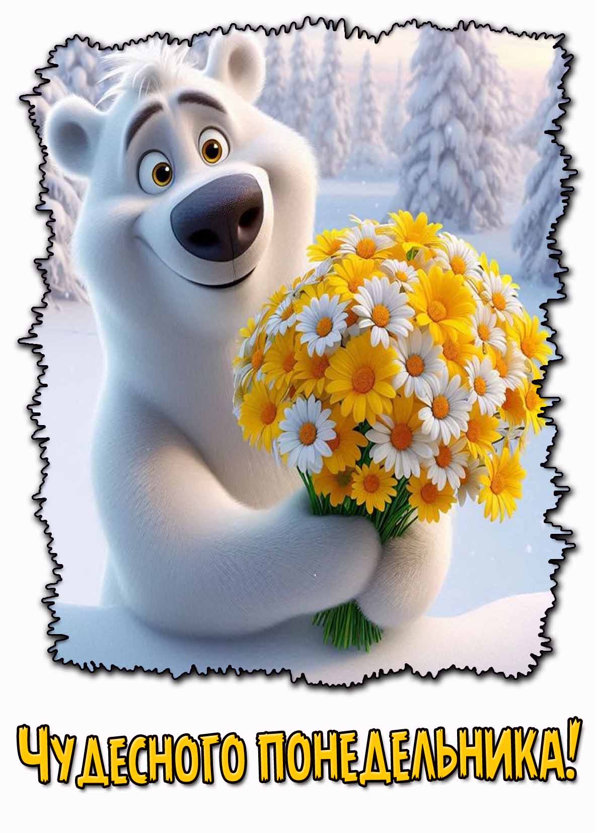 Чудесного понедельника! - зимняя открытка с цветами