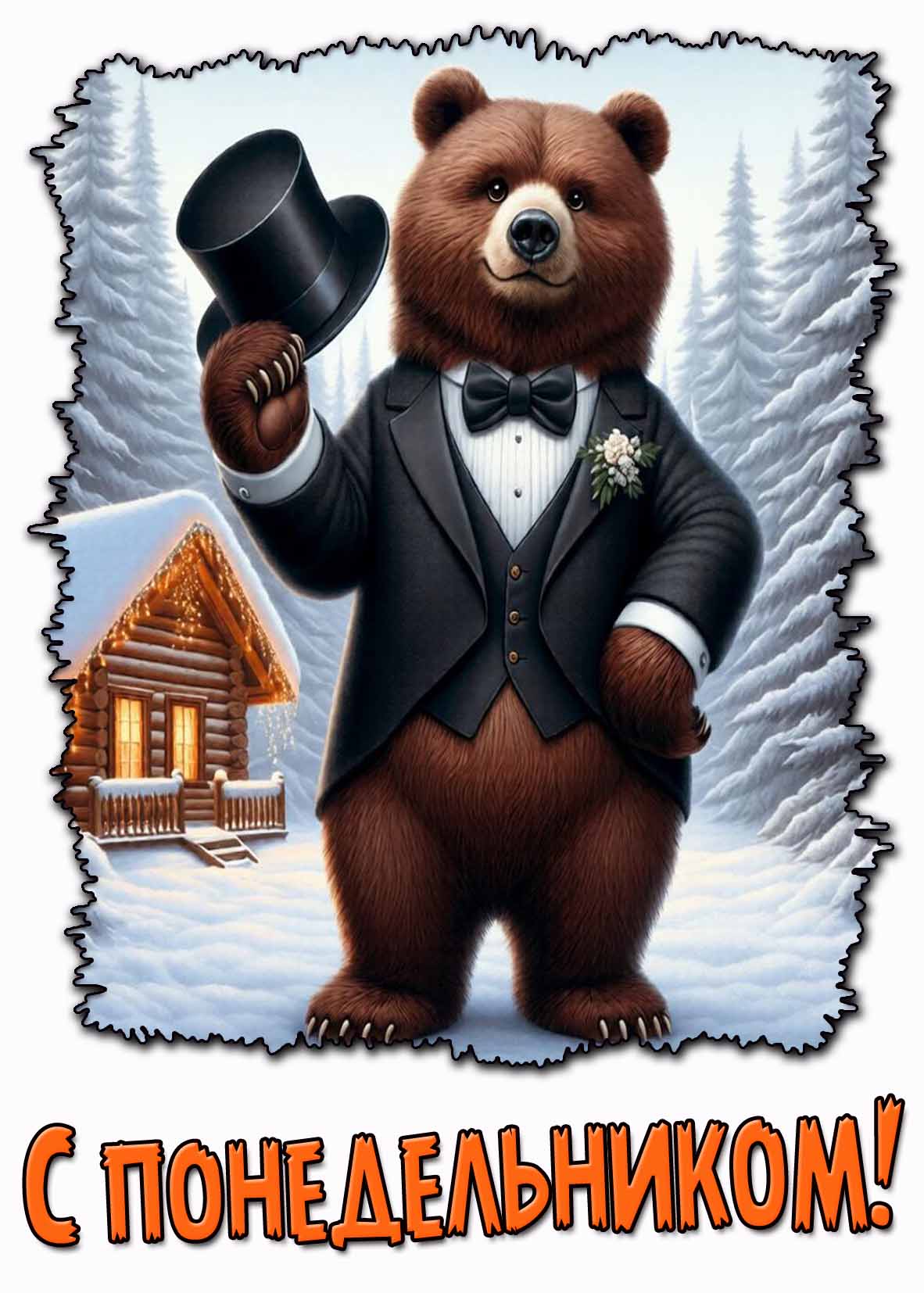 С понедельником! - прикольная зимняя открытка с медведем