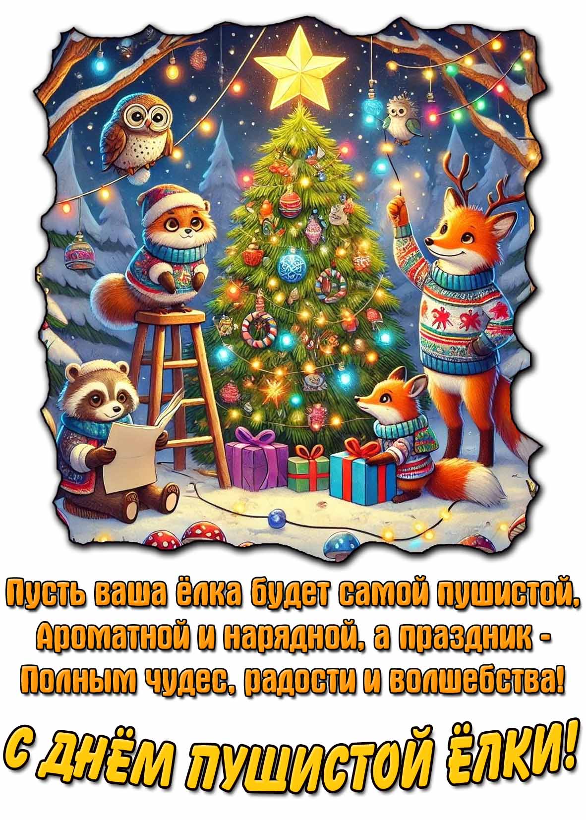 Красивая картинка со зверятами и добрыми пожеланиями для поздравления с днём пушистой ёлки! Картинка - поздравление с днём пушистой ёлки