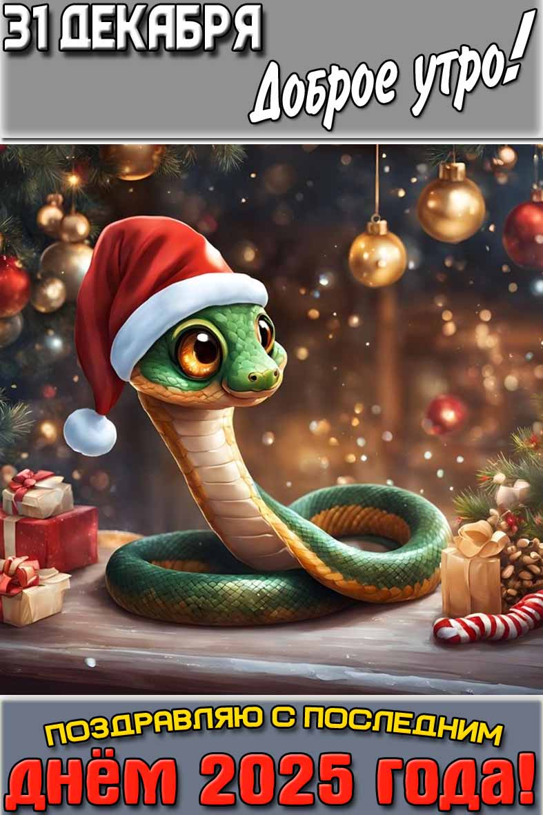 Красивая открытка с символом этого года - змей и надписью : "31 декабря доброе утро! Поздравляю с последним днём 2025 года!". Открытка "31 декабря доброе утро! Поздравляю с последним днём 2025 года!"