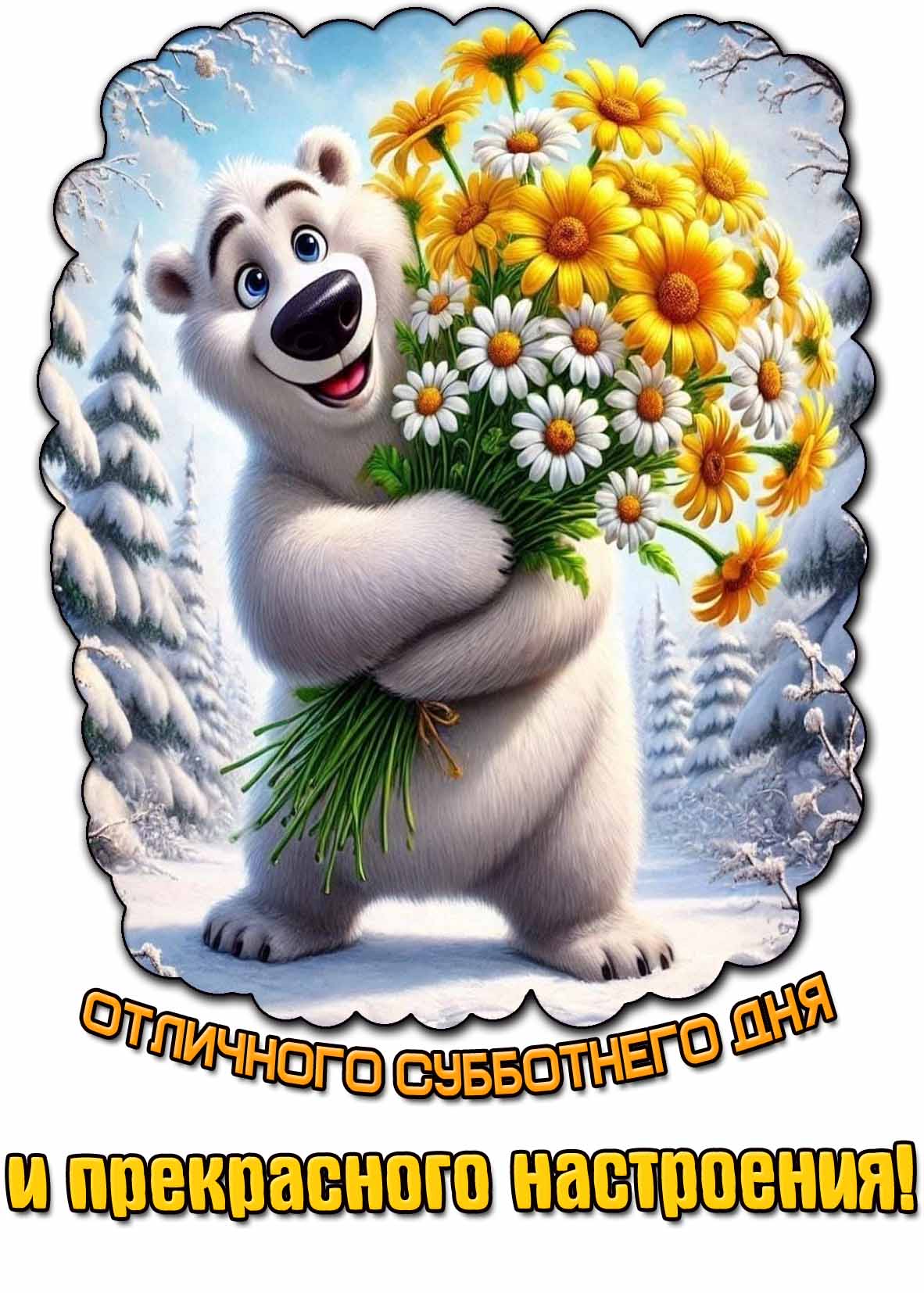 Красивая зимняя открытка с мультяшным медведем с букетом цветов и надписью : Отличного субботнего дня и прекрасного настроения! Зимняя открытка "Отличного субботнего дня и прекрасного настроения!"