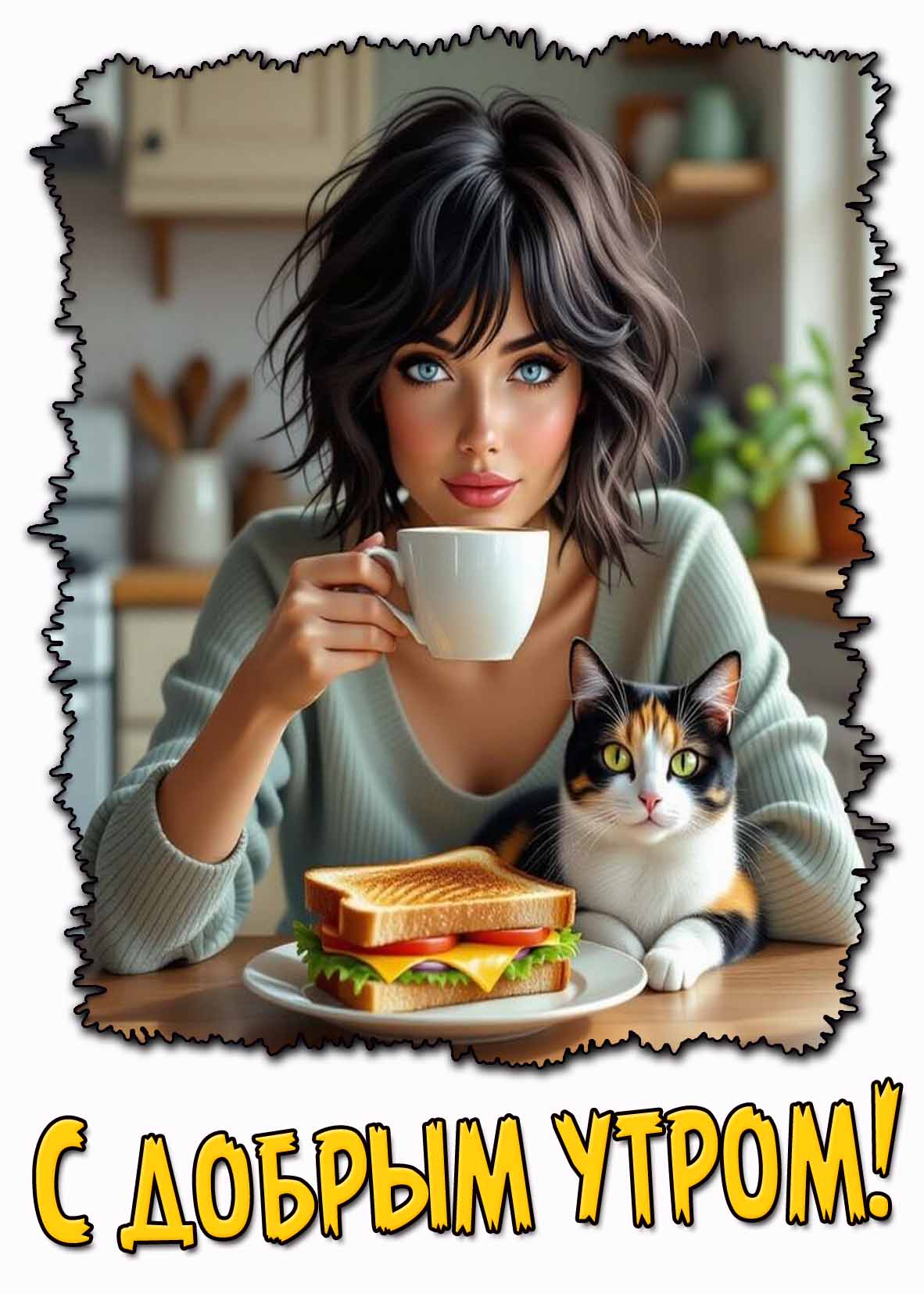 С добрым утром! - картинка с девушкой и кошкой