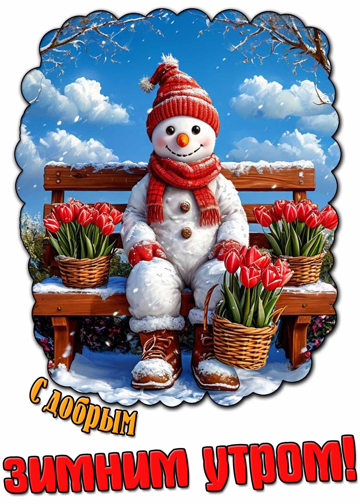 С добрым зимним утром! - открытка со снеговиком с тюльпанами