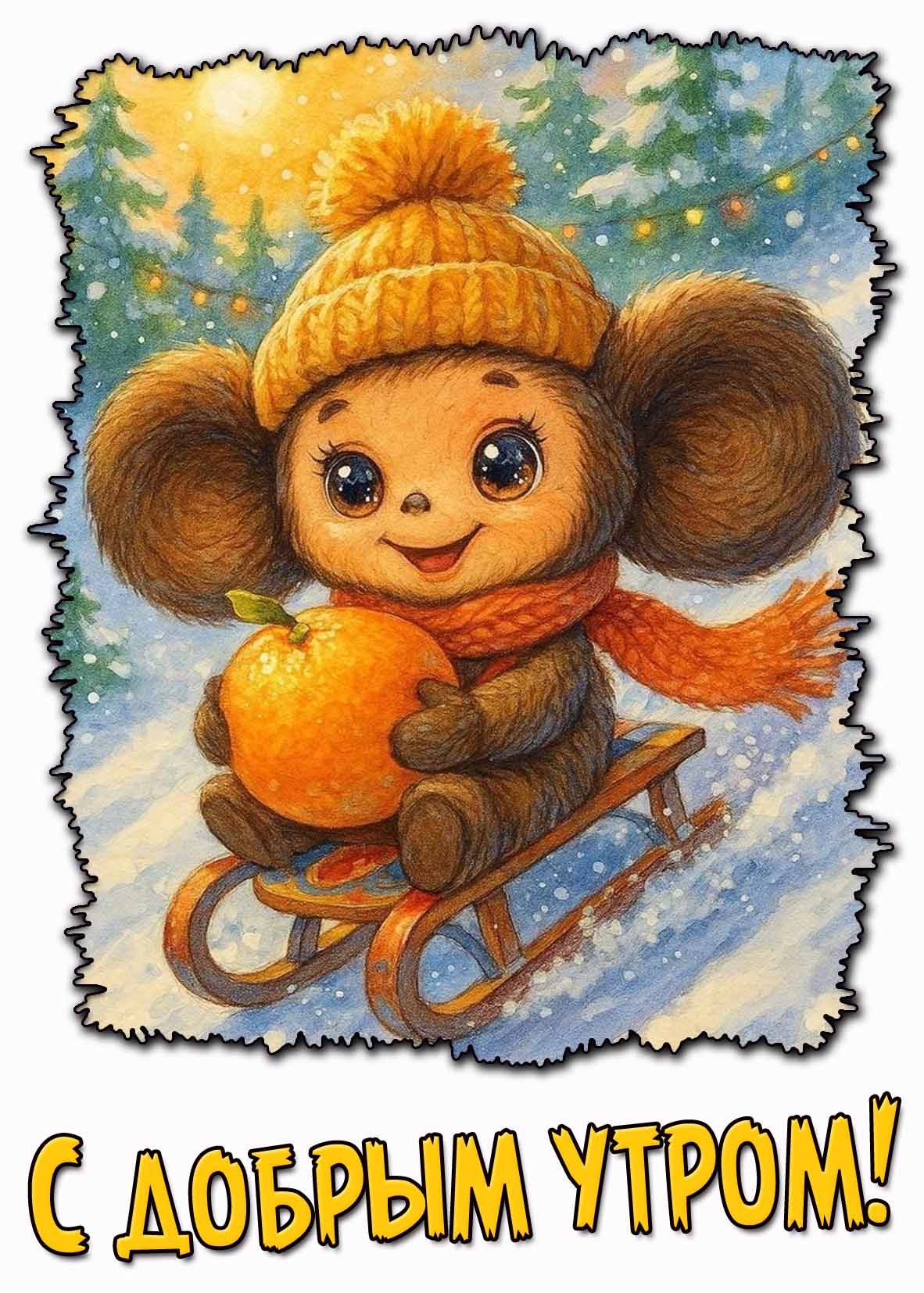 Прикольная зимняя картинка с чебурашкой "С добрым утром!"