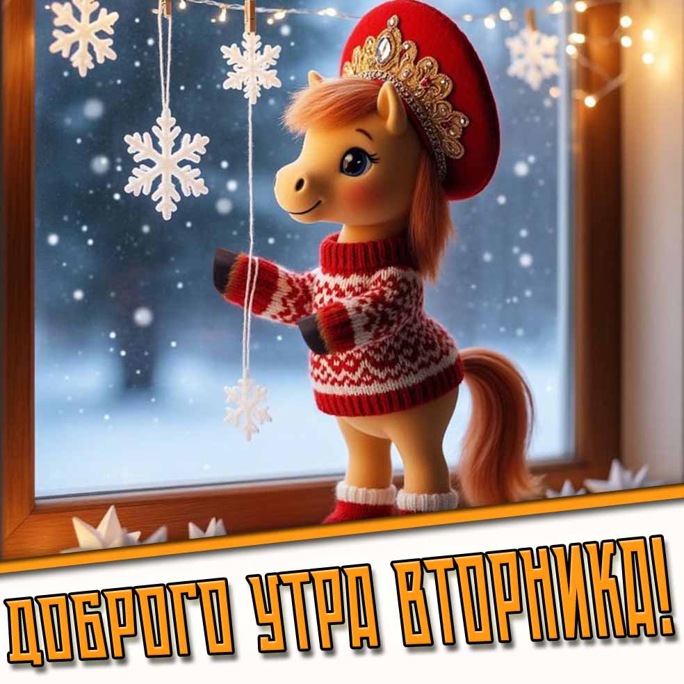 Доброго утра вторника! - зимняя открытка с лошадкой