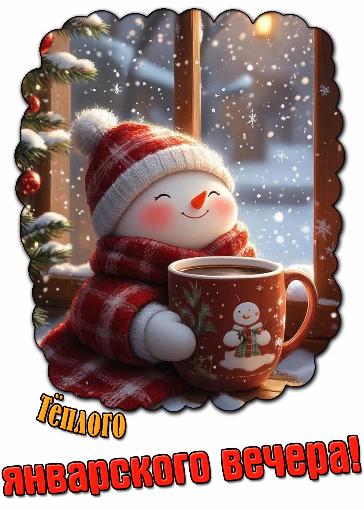 Тёплого январского вечера! - открытка со снеговиком