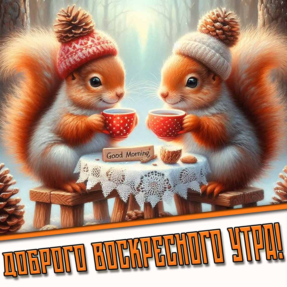 Доброго воскресного утра! - зимняя открытка с белками