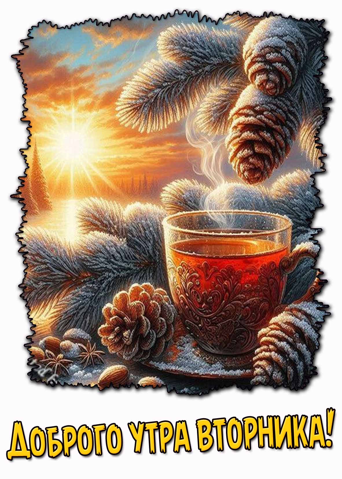 Доброго утра вторника! - зимняя открытка с чаем