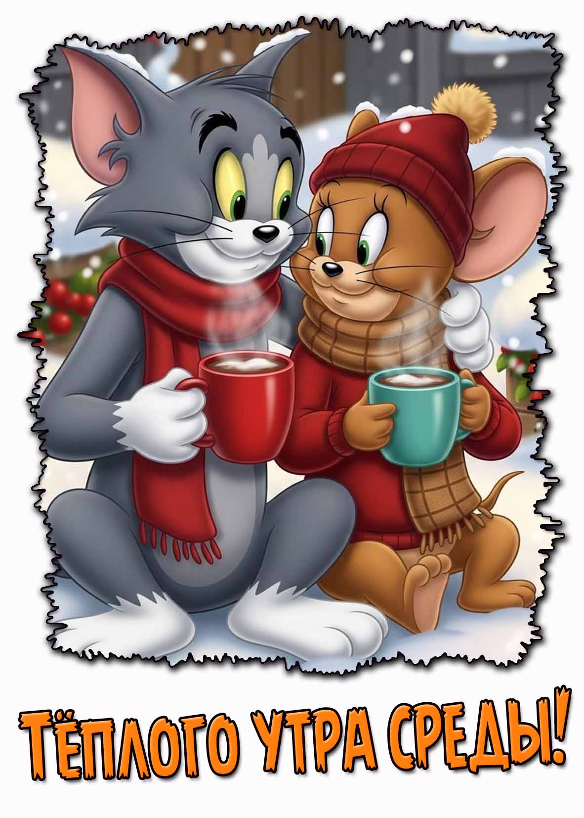 Мультяшная зимняя картинка "Тёплого утра среды!"