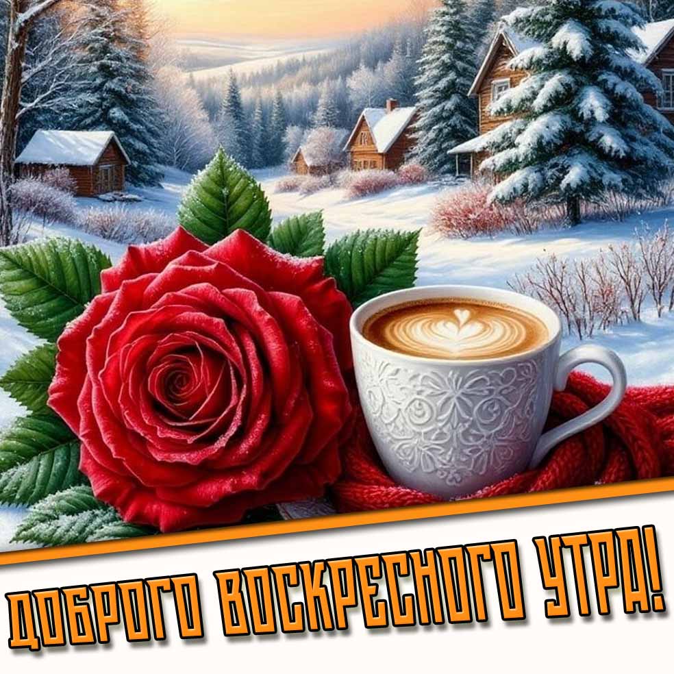 Доброго воскресного утра! - зимняя открытка с кофе и розой