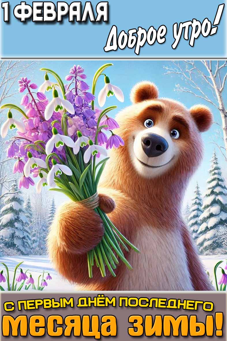 Открытка "1 февраля доброе утро! С первым днём последнего месяца зимы!"
