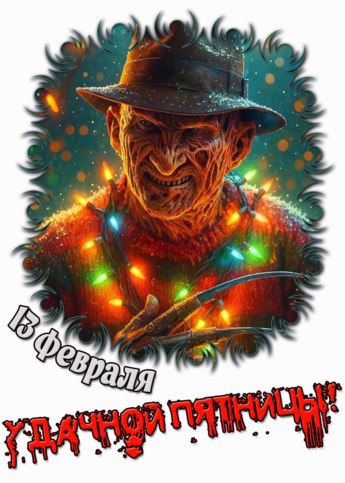 Открытка с Фредди Крюгером "13 февраля удачной Пятницы!"