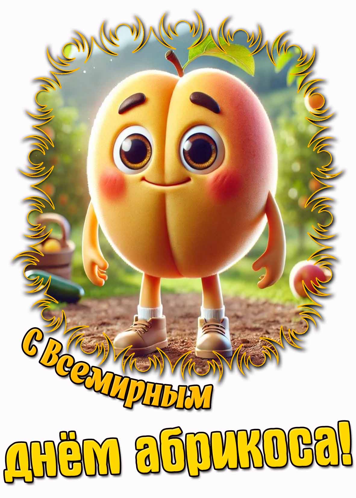 С Всемирным днём абрикоса! - мультяшная открытка