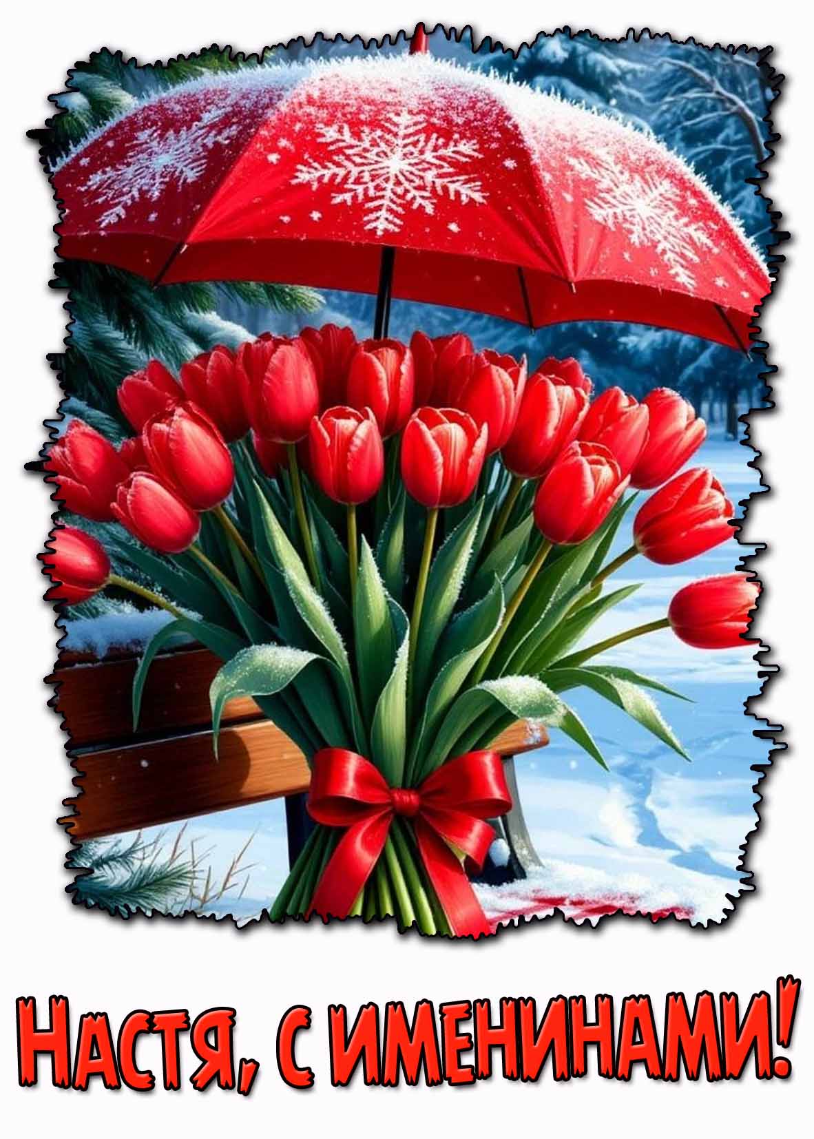 Настя, с именинами! - зимняя картинка с тюльпанами