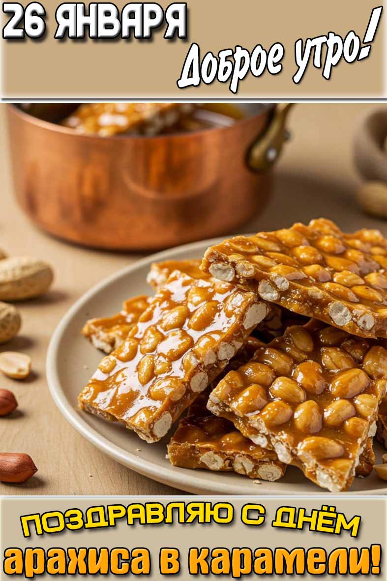 Открытка "26 января доброе утро! Поздравляю с днём арахиса в карамели!"