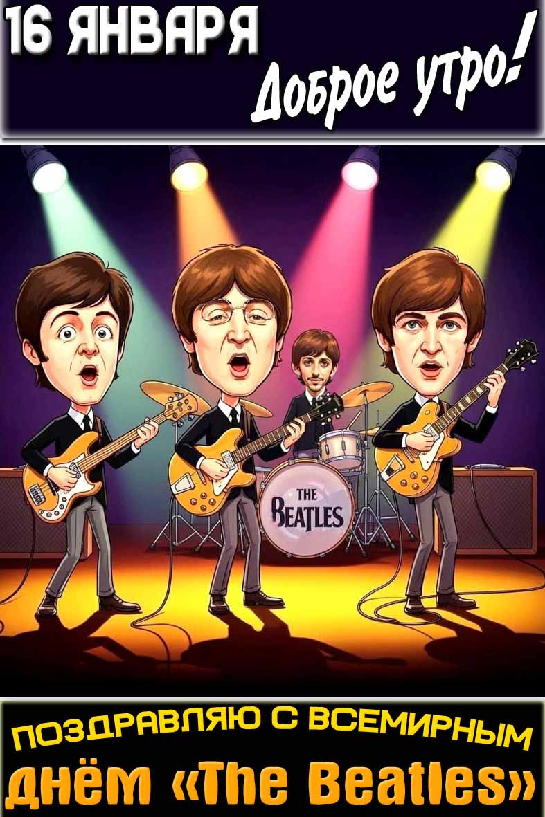 Прикольная открытка "16 января доброе утро! Поздравляю с Всемирным днём «The Beatles»!"