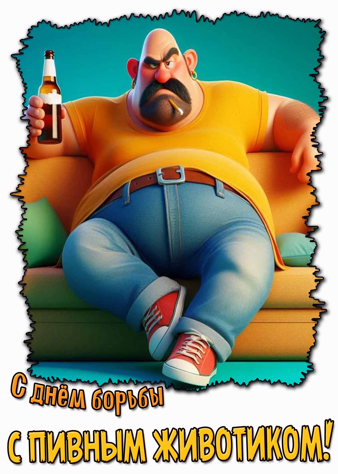 Мультяшная открытка на день борьбы с пивным животиком