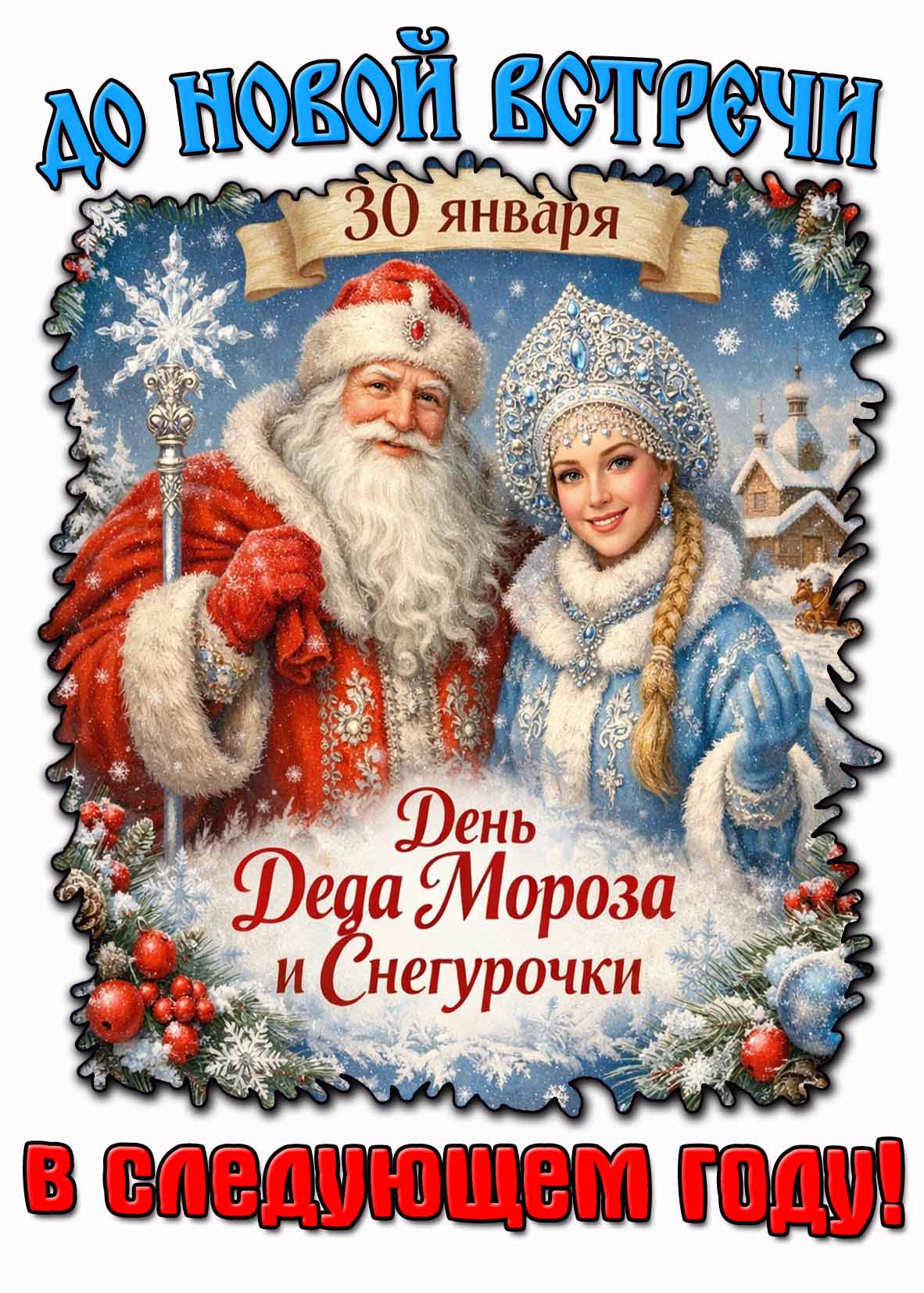 Открытка "30 января день Деда Мороза и Снегурочки! До новой встречи в следующем году!"