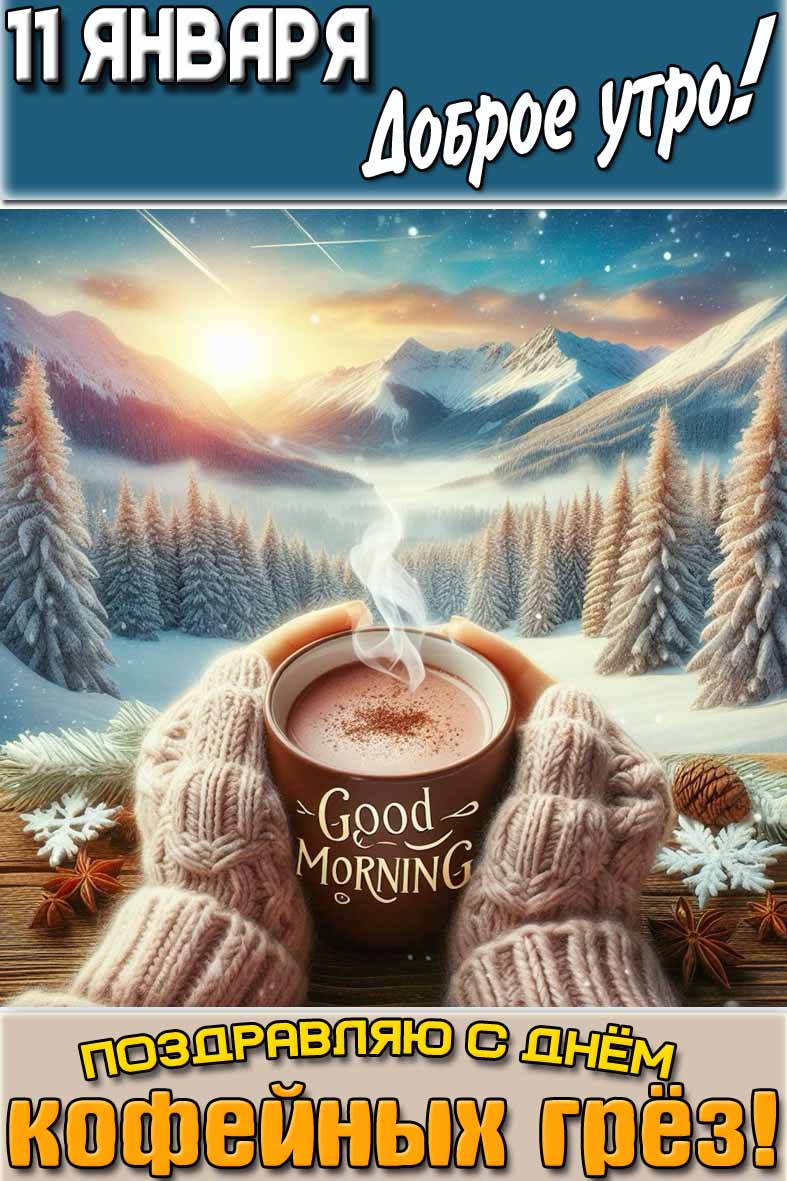 Открытка "11 января доброе утро! Поздравляю с днём кофейных грёз!"